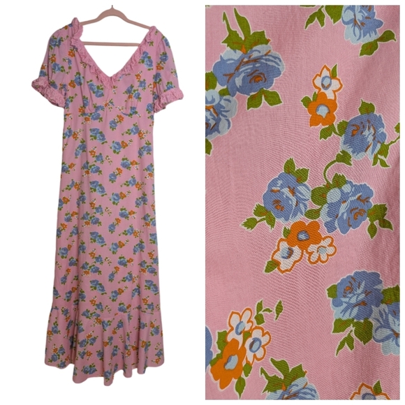 Lili Sidono Molly Bracken Floral Maxi Dress Lace Trim Pink Size Large - Picture 5 of 16